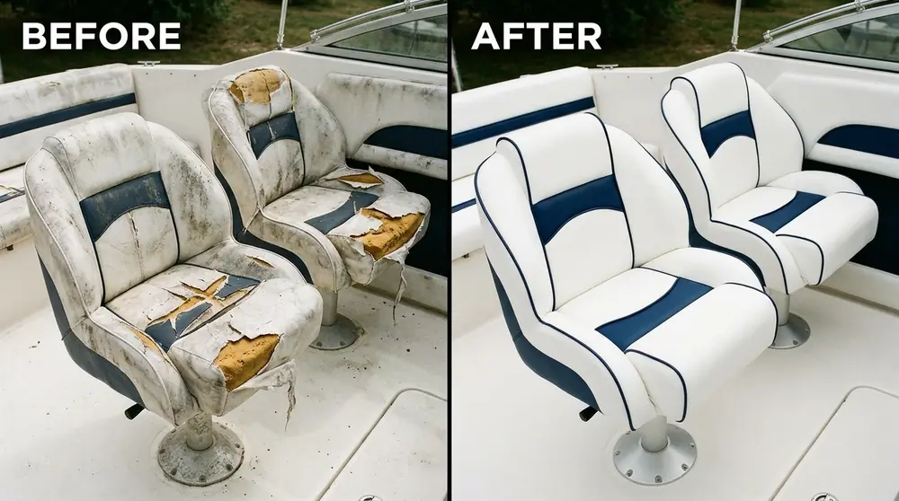 Worn boat seats beside the same seats reupholstered