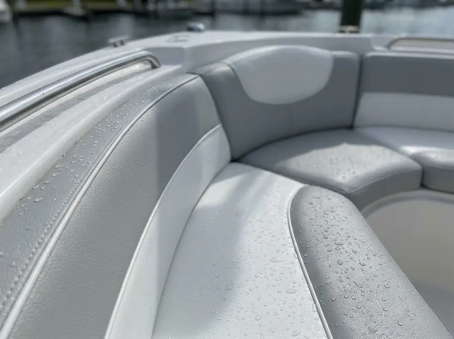 Gray marine vinyl bow cushions with water droplets